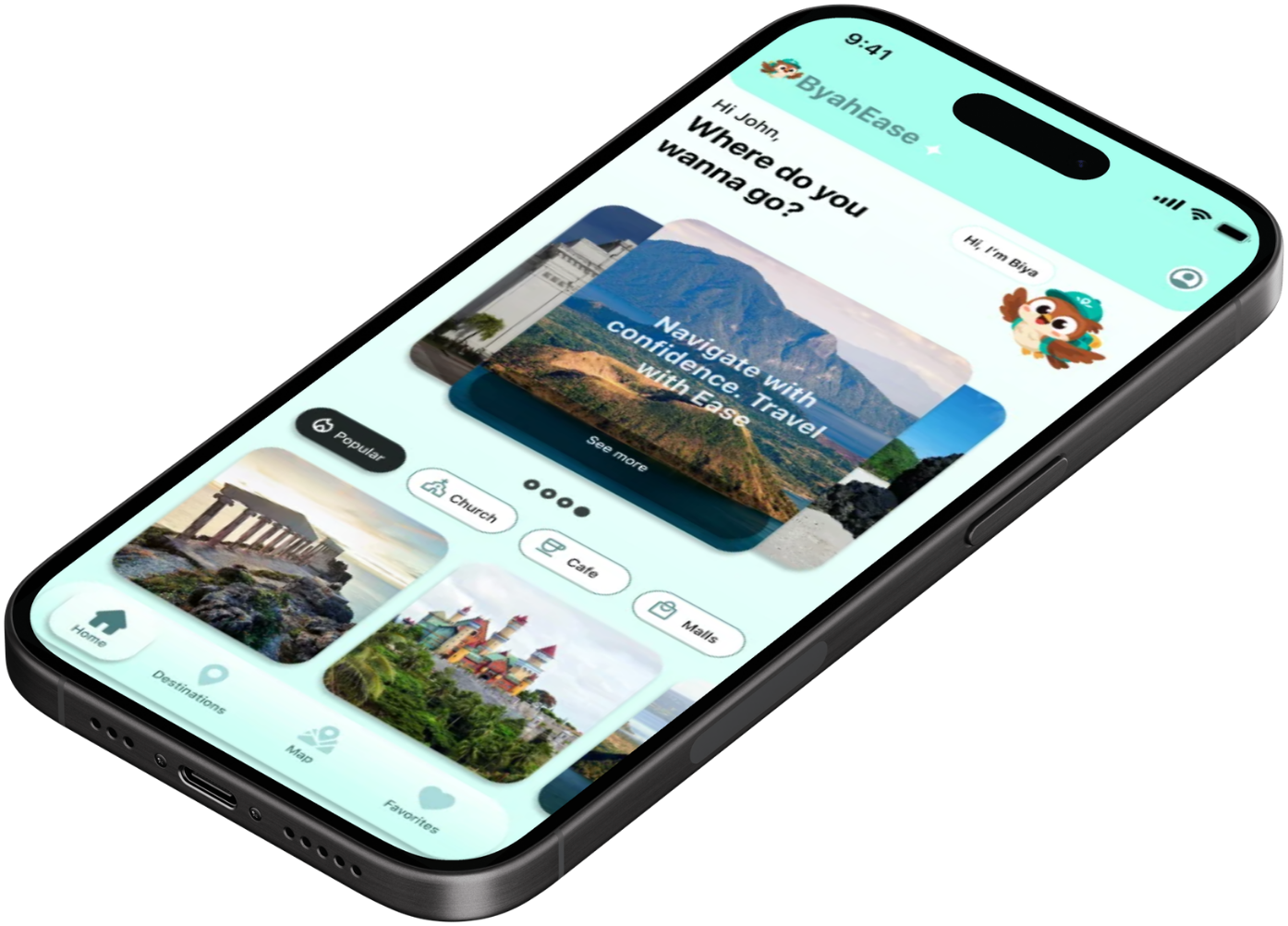 BiyahEase app screen asking where you want to go, with destination suggestions